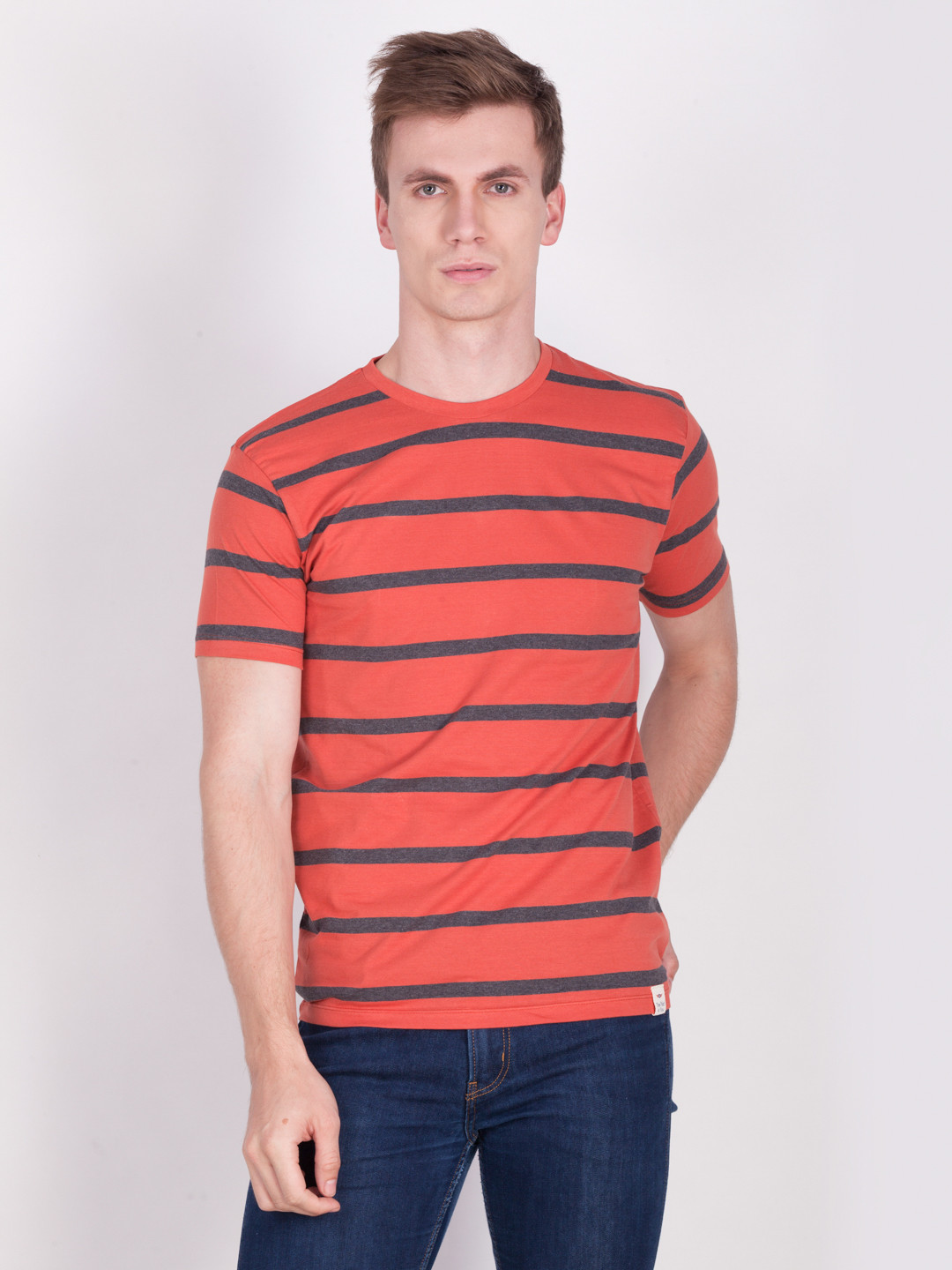 

Force NXT Men Red & Grey Striped Round Neck T-shirt