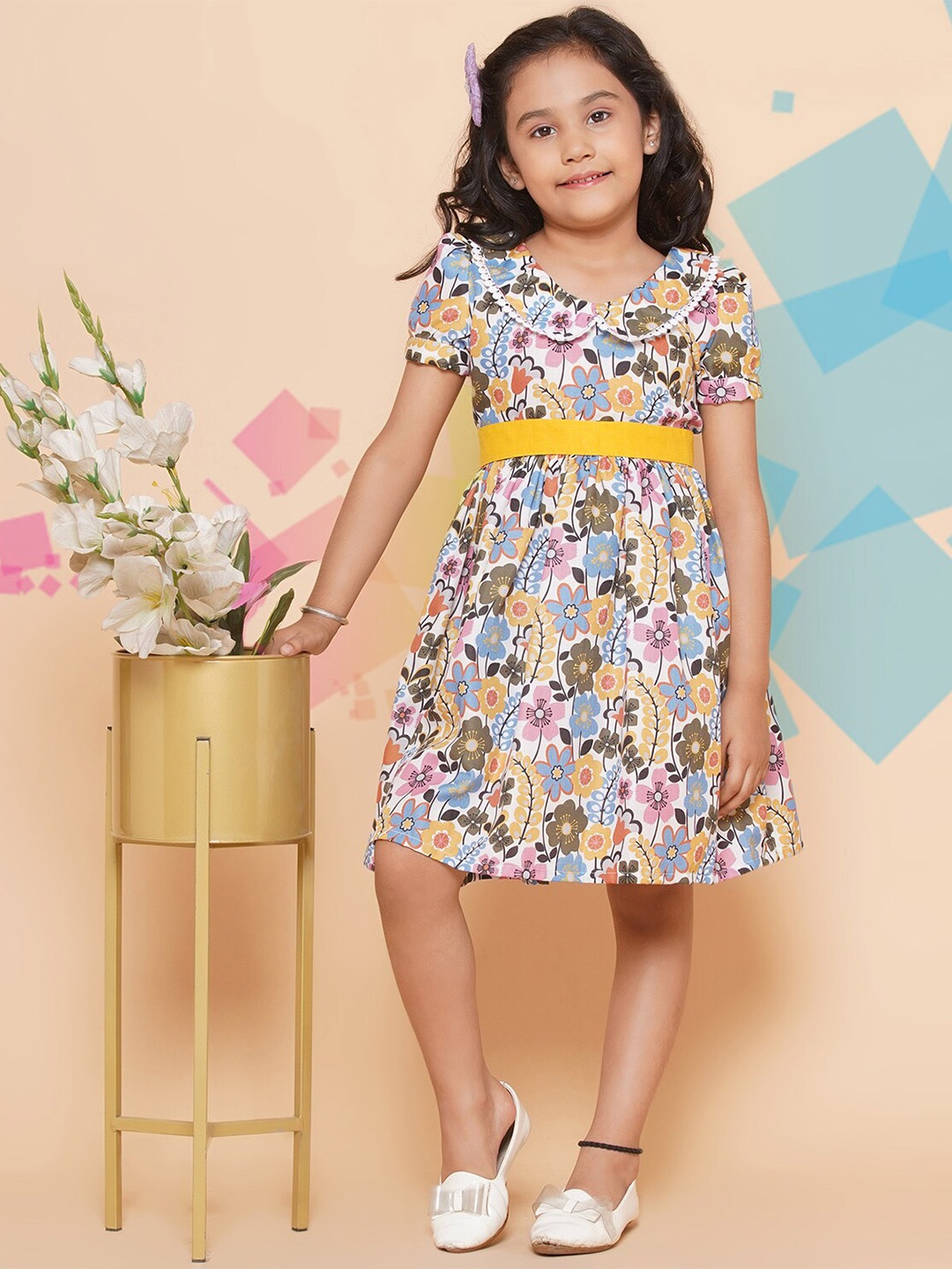 

Modish Couture Floral Printed Peter Pan Collar Cotton A-Line Dress, Off white