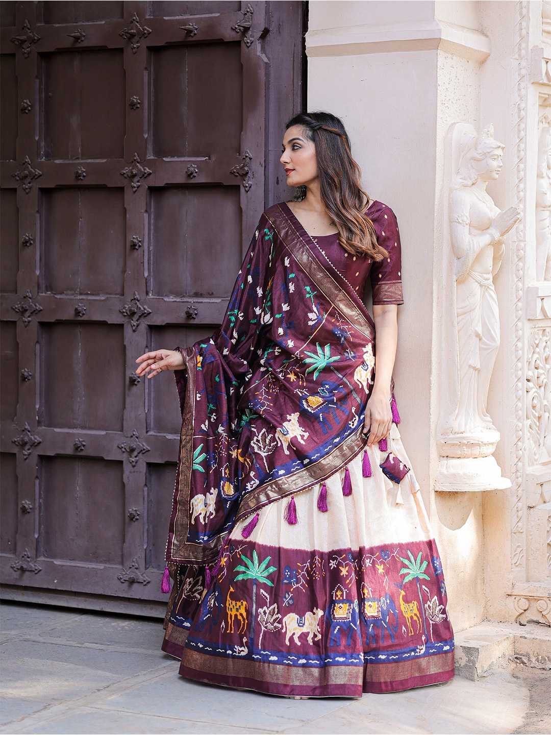 

LOOKNBOOK ART Foil Print Semi-Stitched Lehenga & Unstitched Blouse With Dupatta, Burgundy