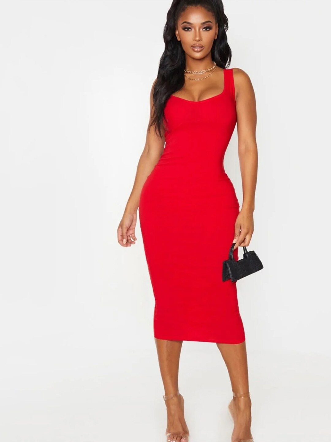 

Styched Scoop Neck Sleeveless Cotton Bodycon Midi Dress, Red