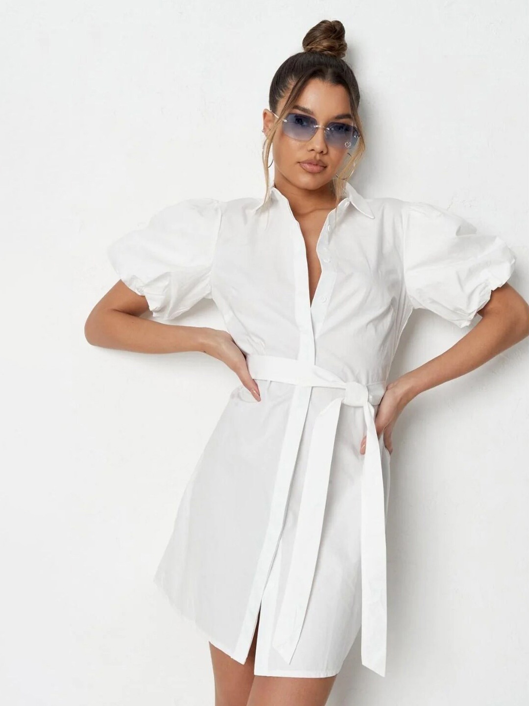 

Styched Shirt Collar Puff Sleeves Cotton Shirt Style Mini Dress, White