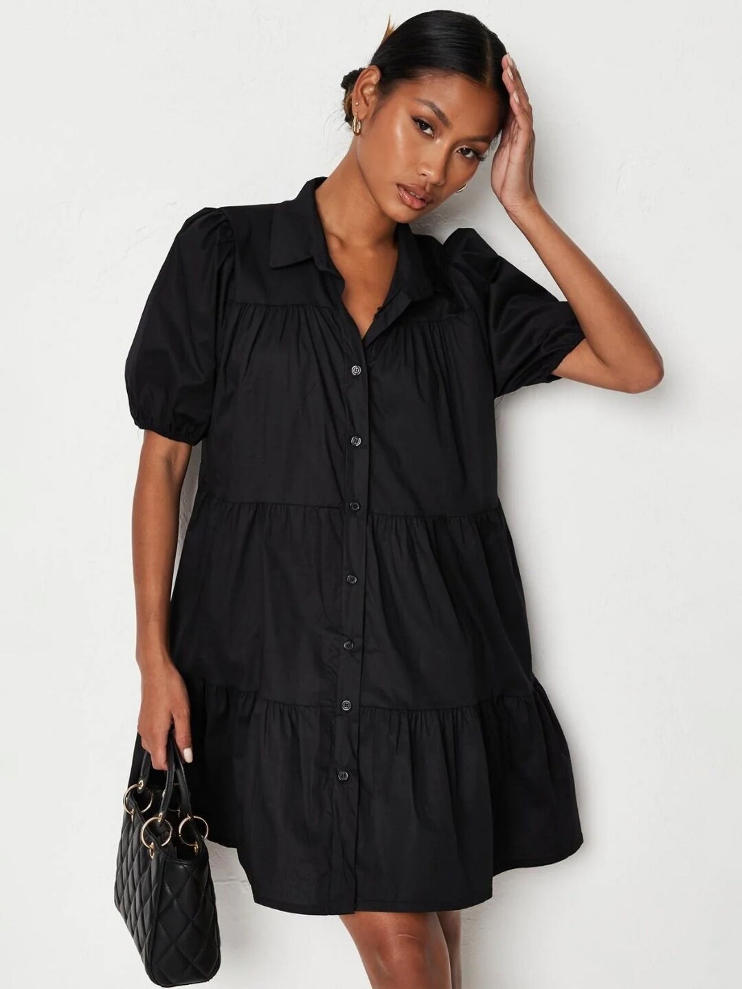 

Styched Shirt Collar Puff Sleeve Tiered Cotton Shirt Dress, Black
