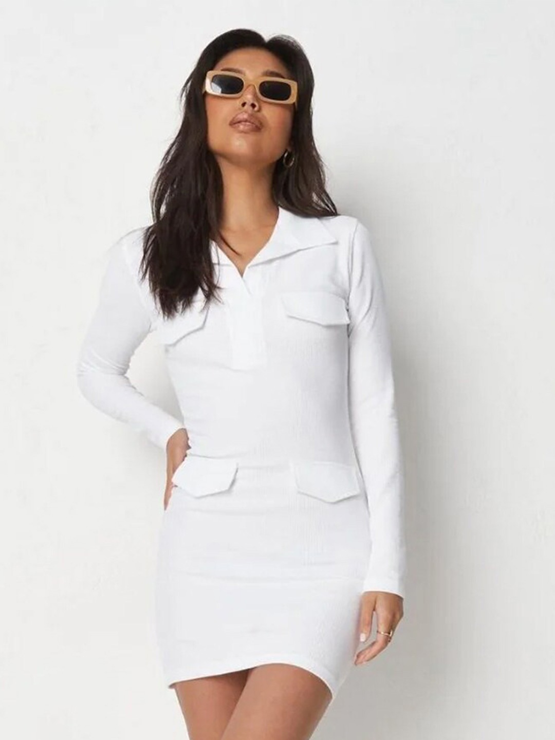 

Styched Front Pocket Detailed Shirt Collar Mini Bodycon Dress, White