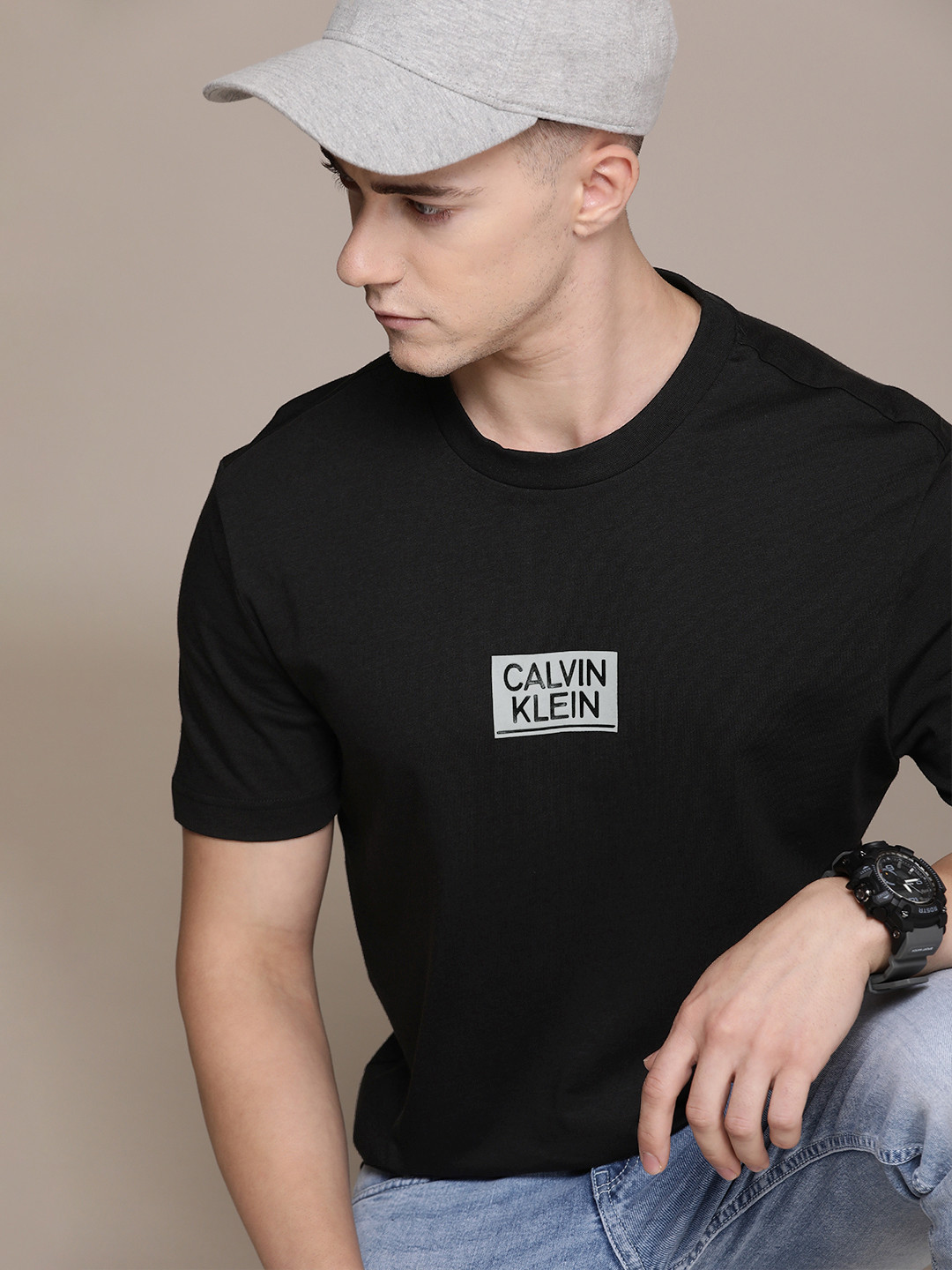 

Calvin Klein Jeans Brand Logo Printed Pure Cotton T-shirt, Black