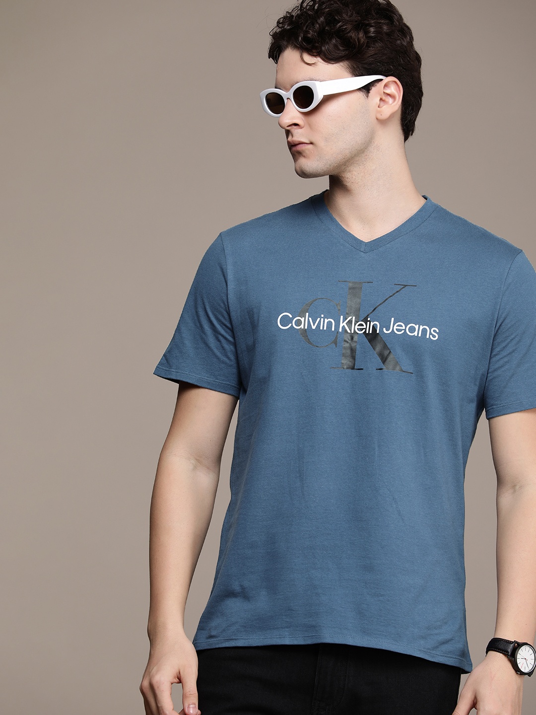 

Calvin Klein Jeans Men Brand Logo Printed Pure Cotton T-shirt, Blue