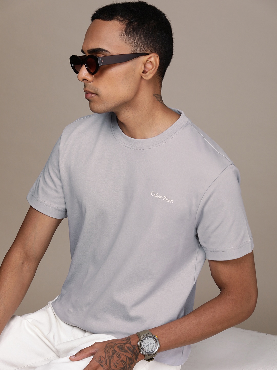 

Calvin Klein Jeans Pure Cotton Brand Logo Printed Casual T-shirt, Grey