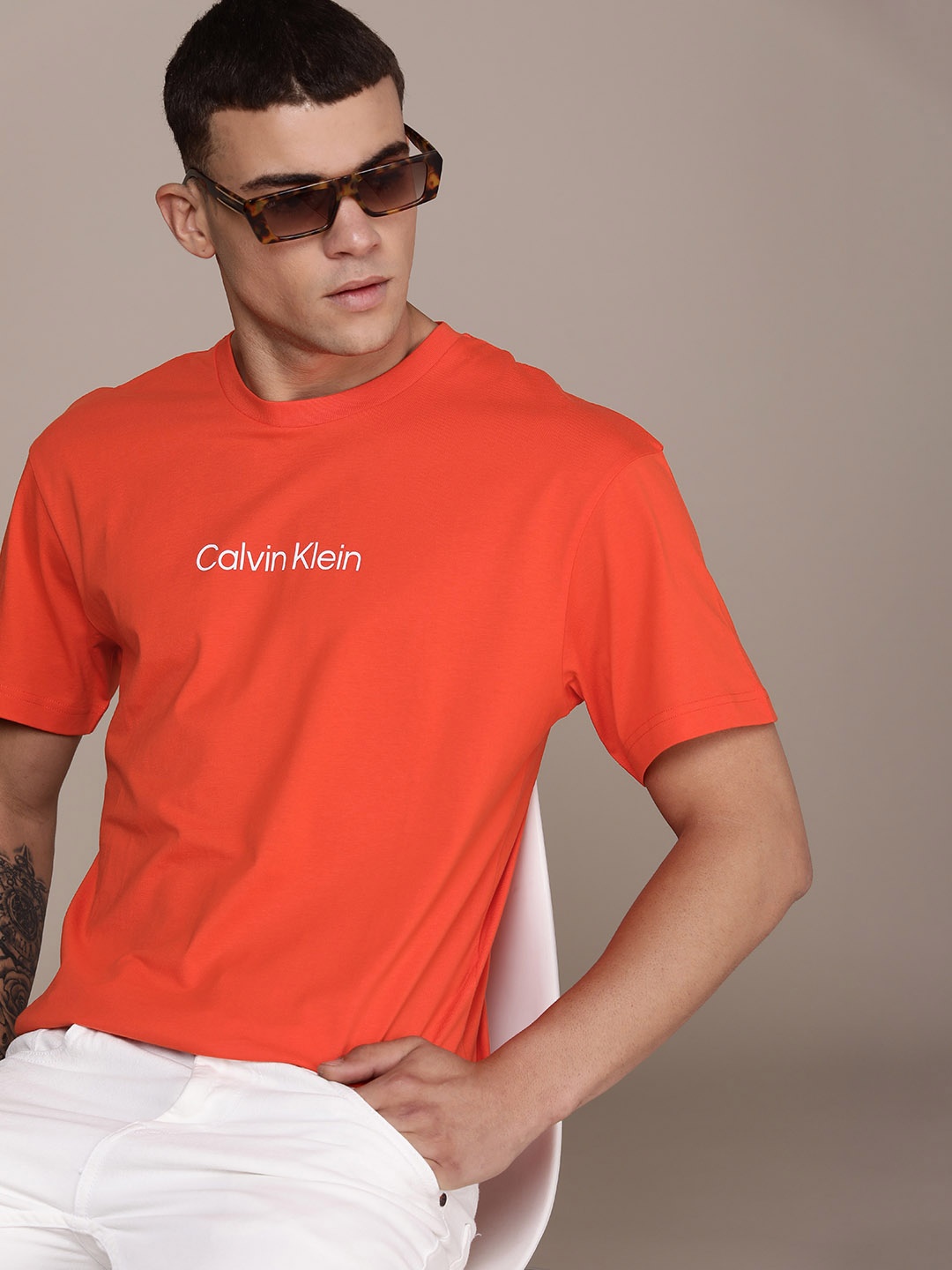 

Calvin Klein Jeans Brand Logo Printed Pure Cotton T-shirt, Orange