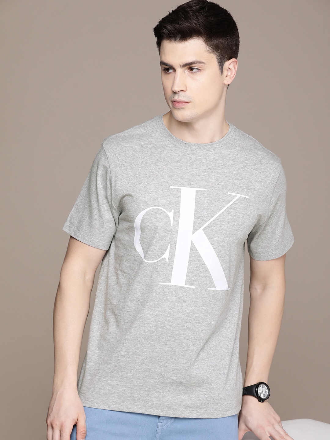 

Calvin Klein Jeans Brand Logo Printed Pure Cotton T-shirt, Grey melange