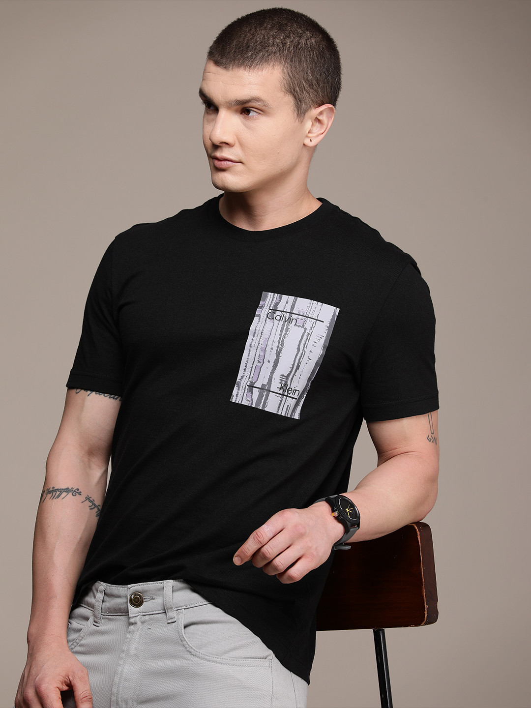 

Calvin Klein Jeans Pure Cotton Graphic Printed Regular Fit Casual T-shirt, Black