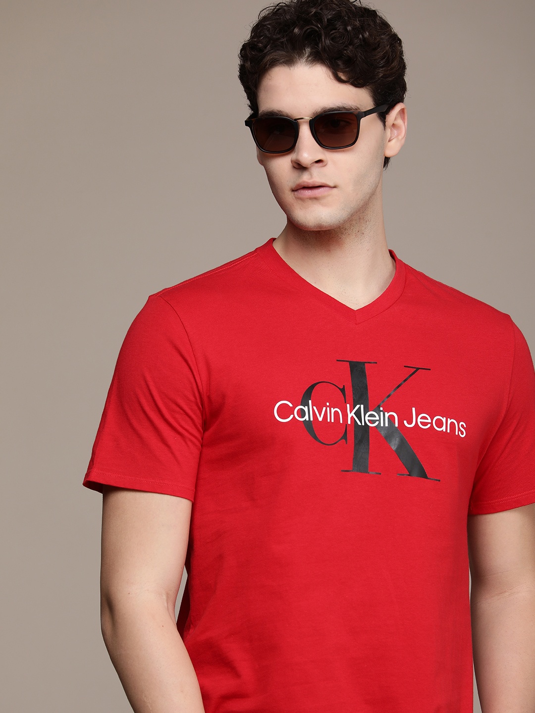 

Calvin Klein Jeans Brand Logo Printed V-Neck Pure Cotton T-shirt, Red