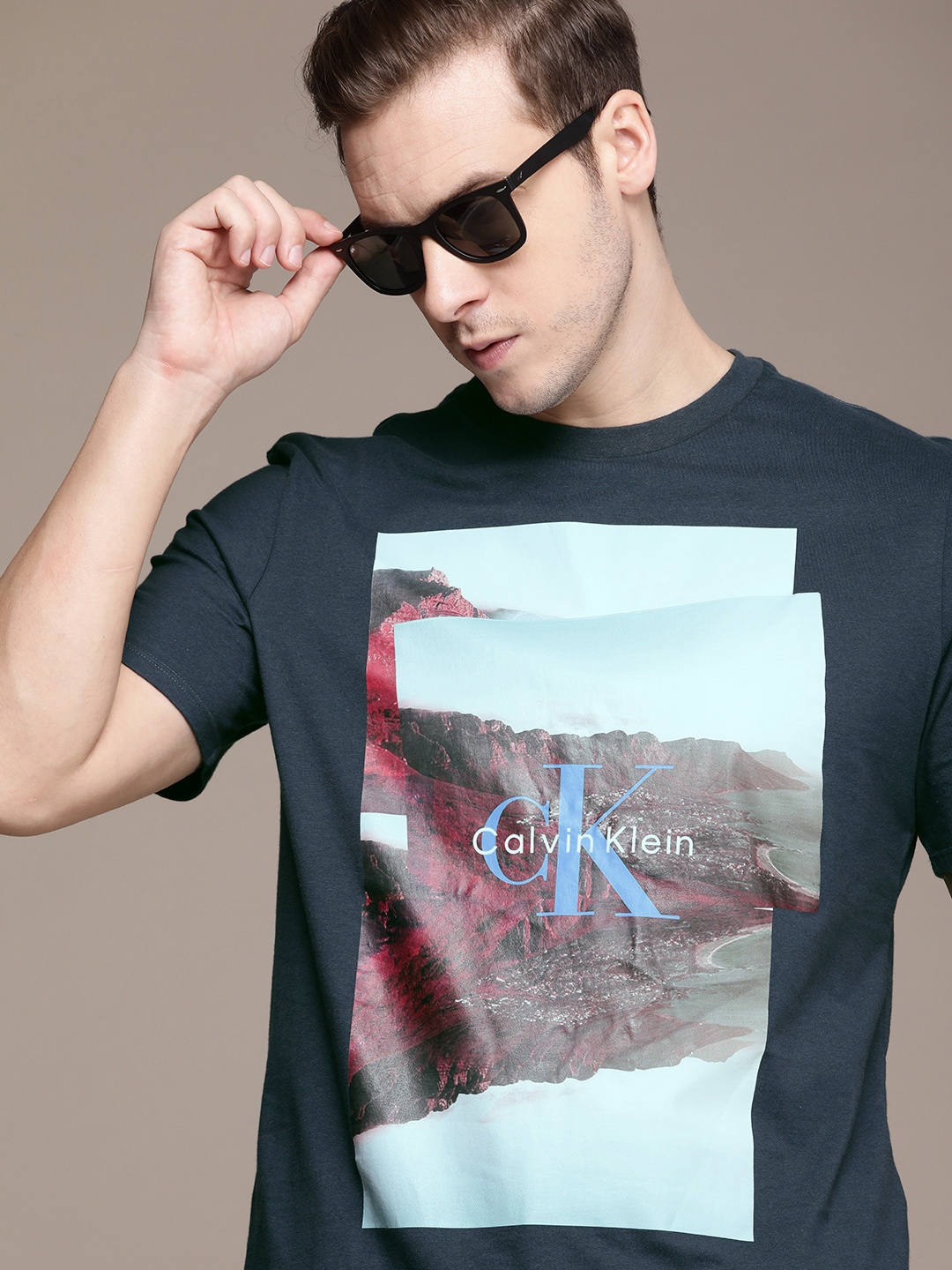 

Calvin Klein Jeans Graphic & Brand Logo Printed Pure Cotton T-shirt, Navy blue