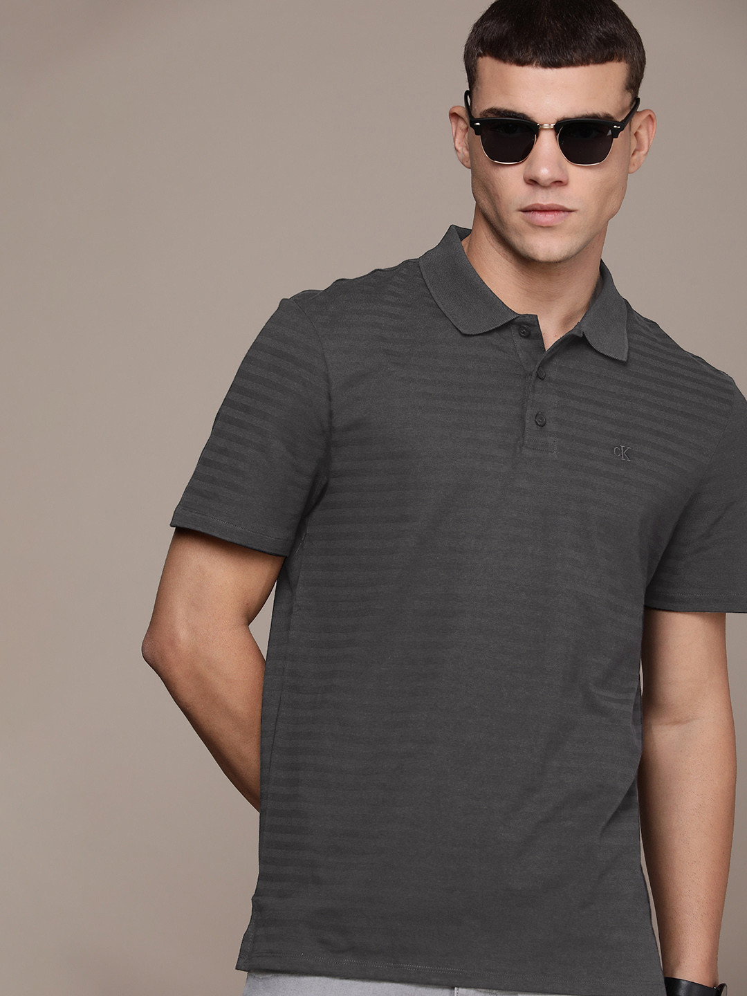 

Calvin Klein Jeans Striped Polo Collar Pure Cotton T-shirt, Charcoal