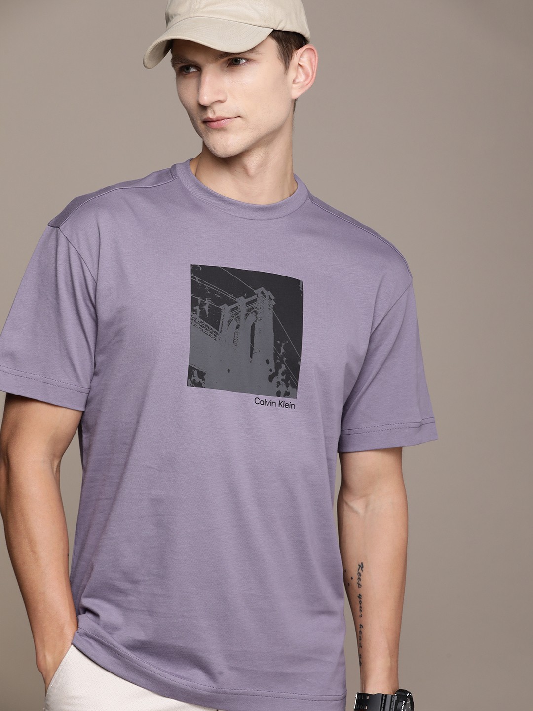 

Calvin Klein Jeans Printed Drop-Shoulder Pure Cotton T-shirt, Purple