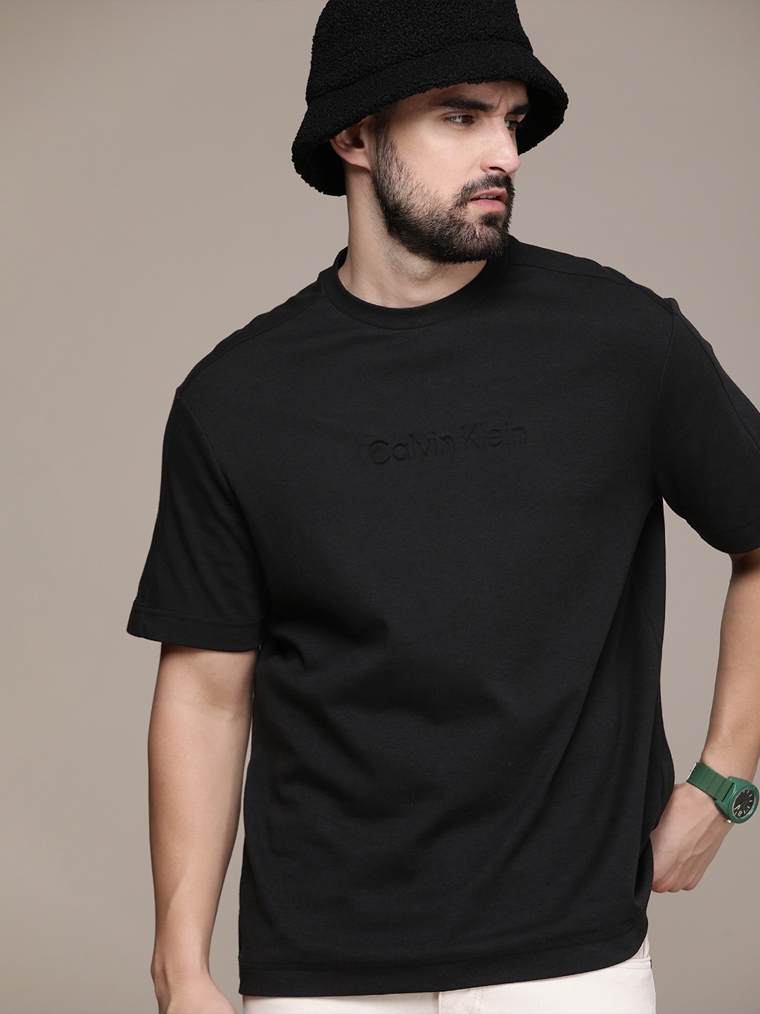 

Calvin Klein Jeans Pure Cotton Round Neck Debossed Casual T-shirt, Black