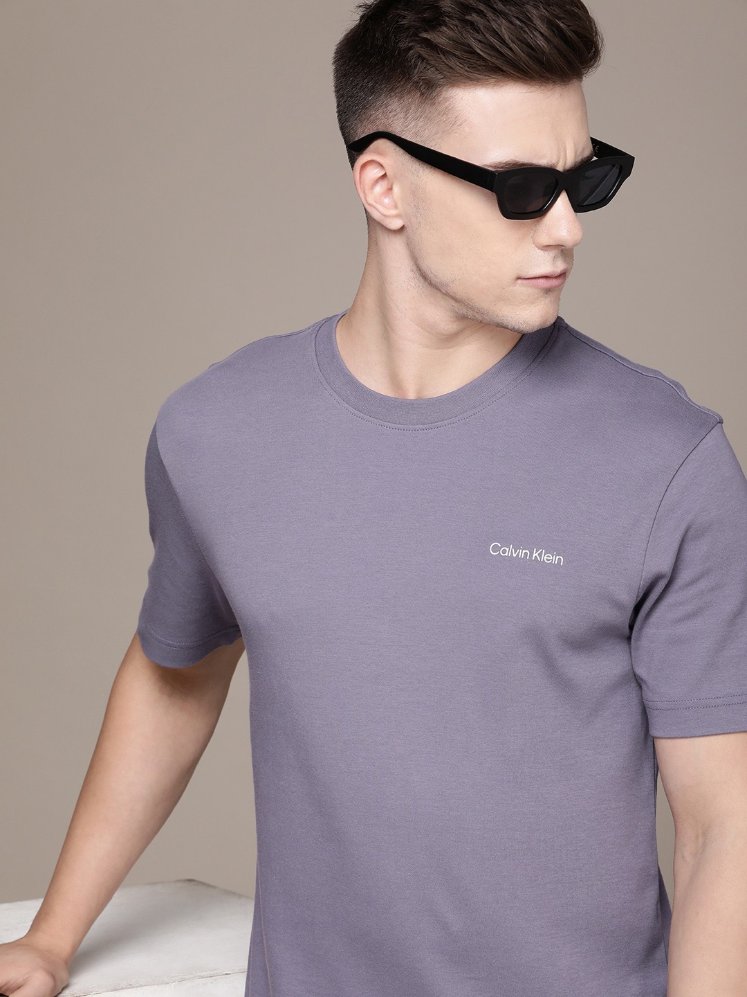 

Calvin Klein Jeans Round Neck Solid With Minimal Print Pure Cotton T-shirt, Purple