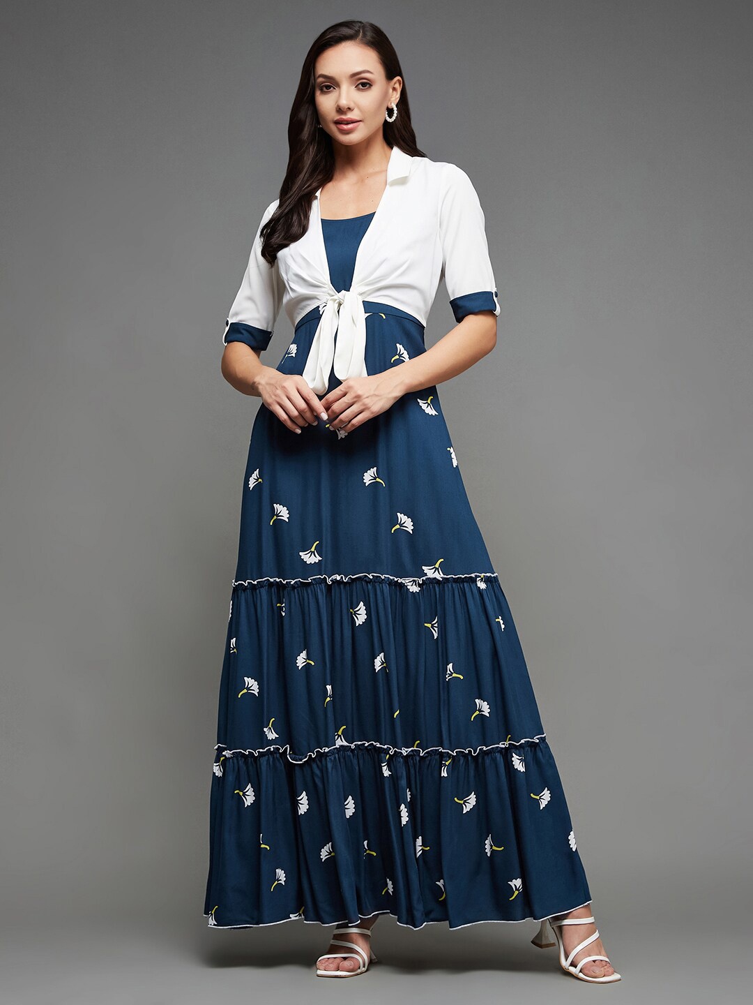 

Miss Chase Teal Floral Printed Gathered Detailed Tiered Maxi Dress