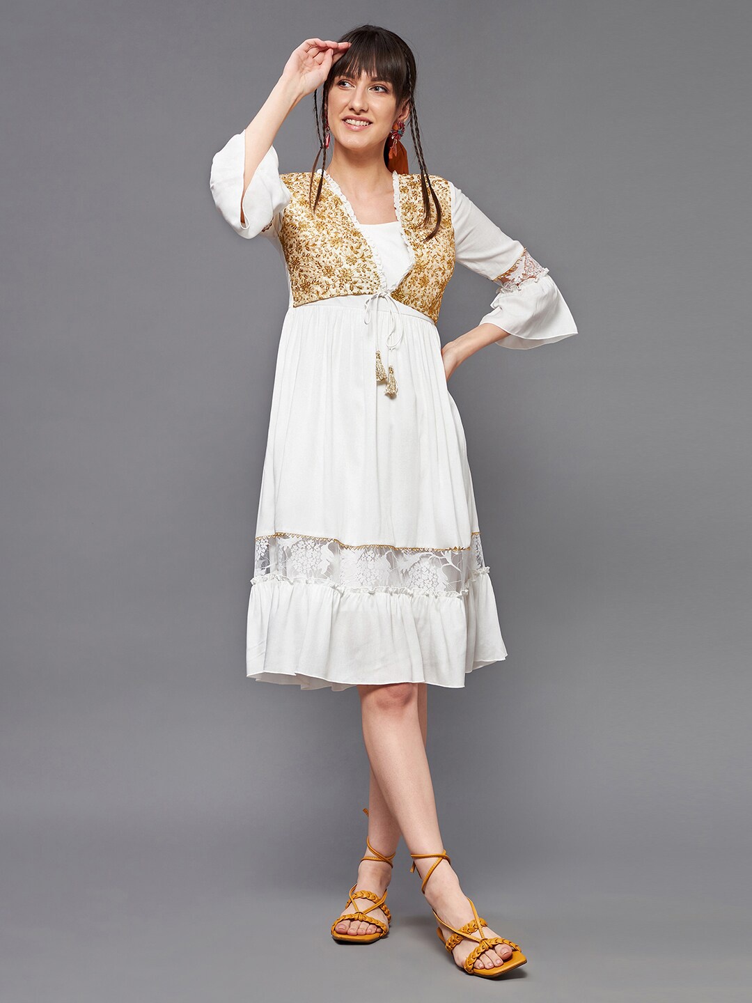 

Miss Chase White Bell Sleeves Tie-Ups Tiered Dress