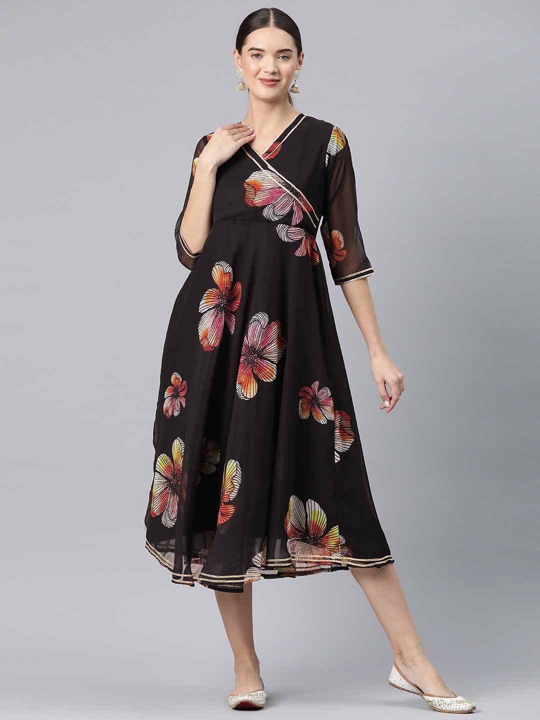 

V TRADITION Floral Print Georgette Fit & Flare Midi Dress, Black