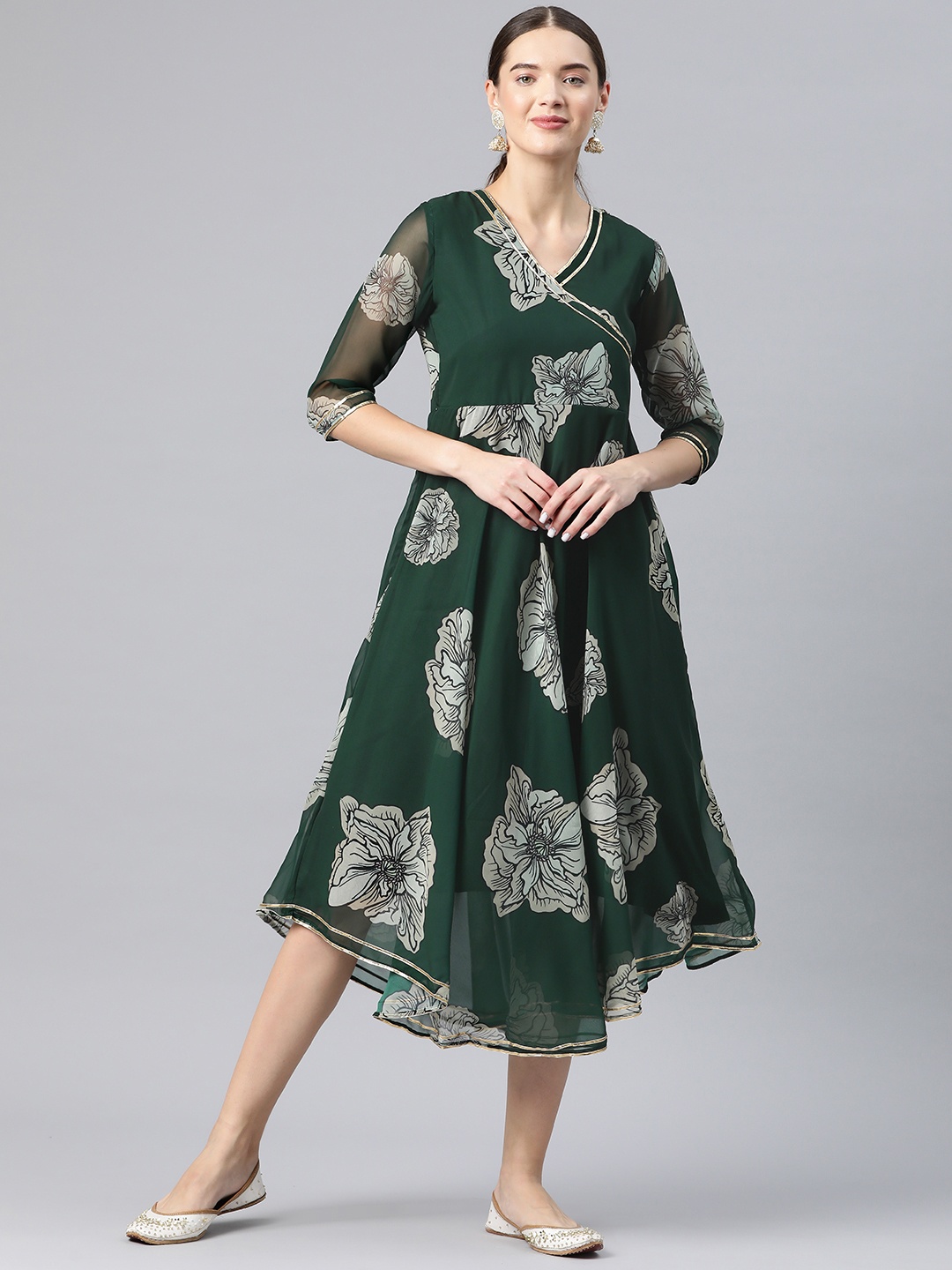 

V TRADITION Floral Print Georgette A-Line Midi Dress, Green