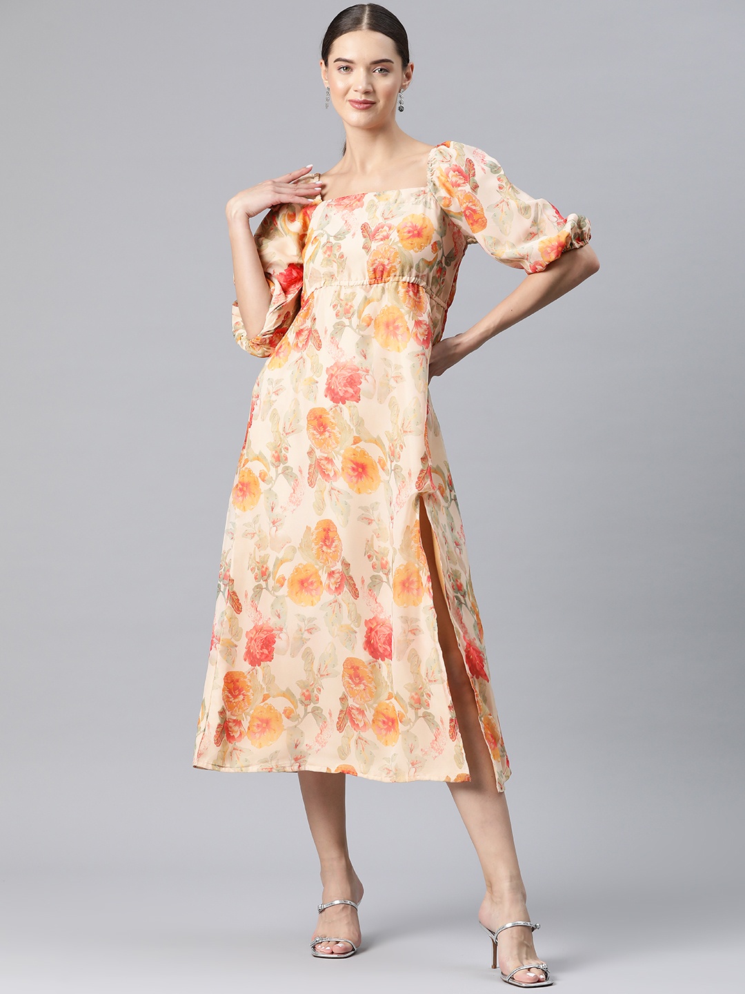 

V TRADITION Floral Print Puff Sleeves Crepe A-Line Midi Dress, Beige