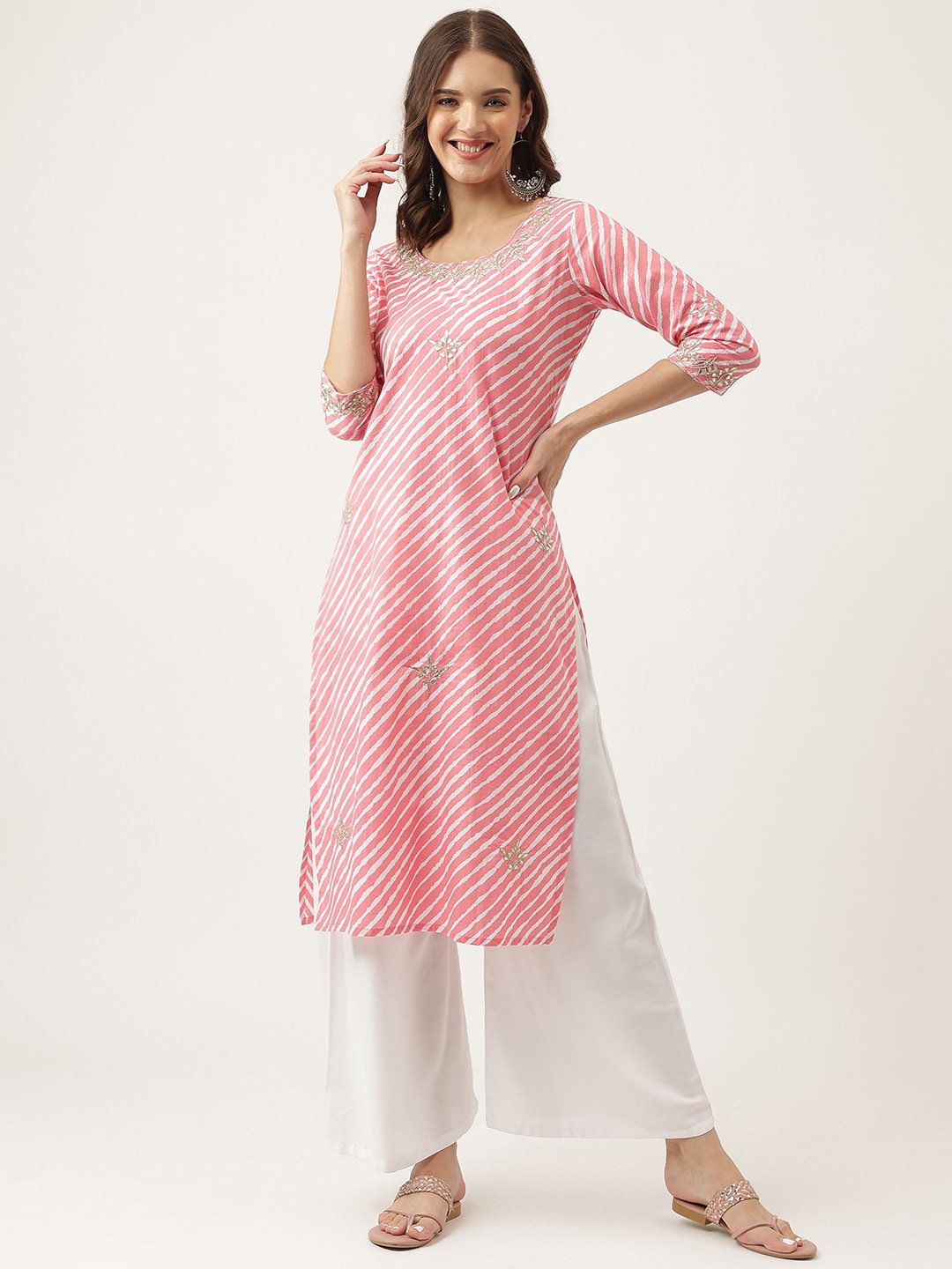 

Divena Striped Thread Work Cotton Kurta, Pink