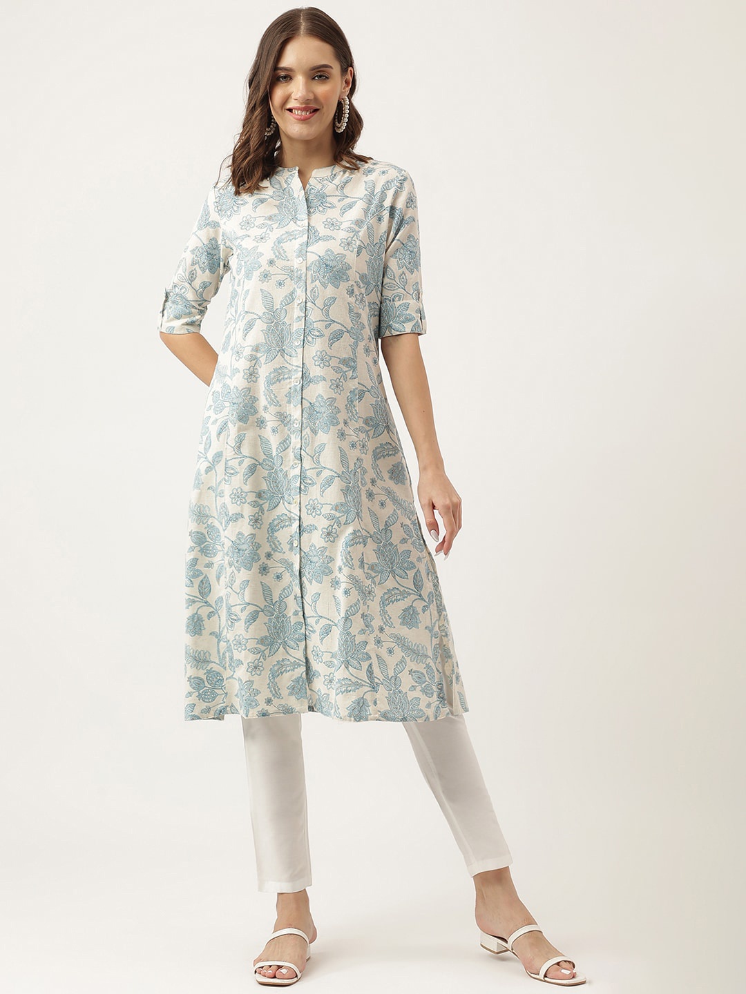 

Divena Floral Printed Mandarin Collar Roll Up Sleeve Cotton Pastel A Line Kurta, Beige