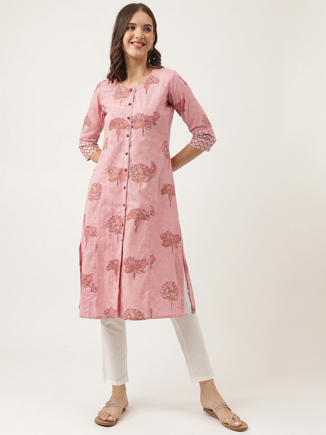 

Divena Floral Printed Panelled Cotton Kurta, Pink