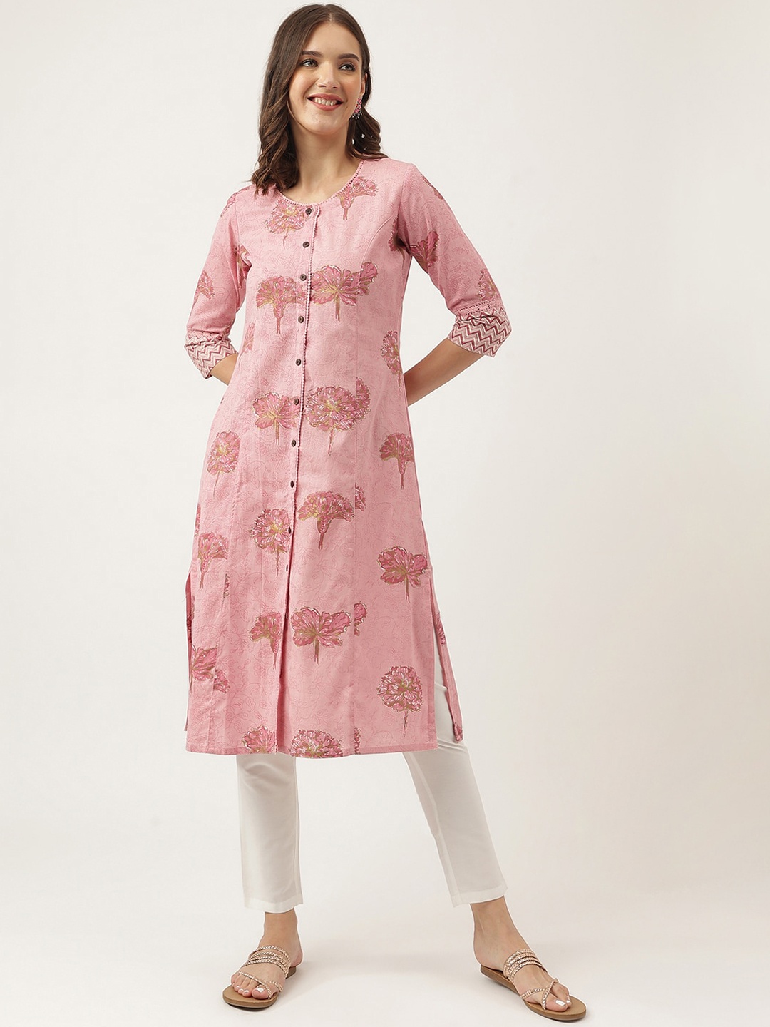 

Divena Floral Printed Panelled Cotton Kurta, Pink