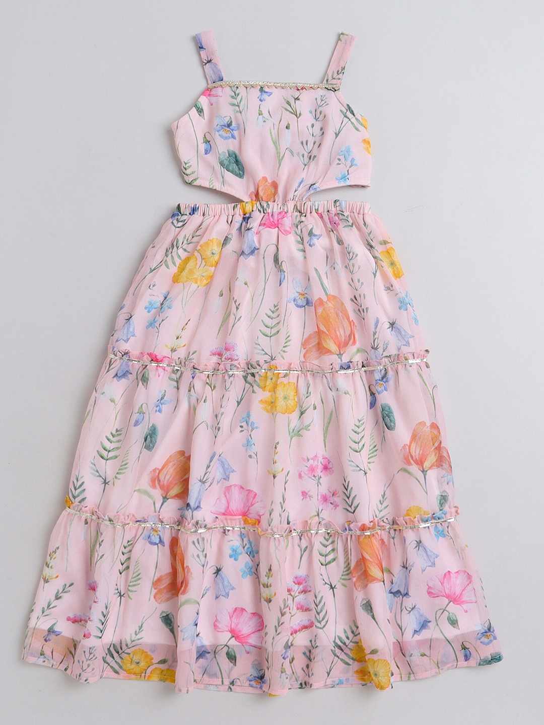

taffykids Girls Floral Printed Cut-Out Tiered Maxi Dress, Peach