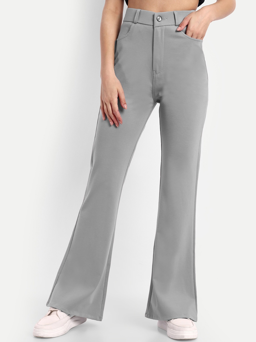 

BROADSTAR Women Smart Flared High-Rise Easy Wash Trousers, Grey
