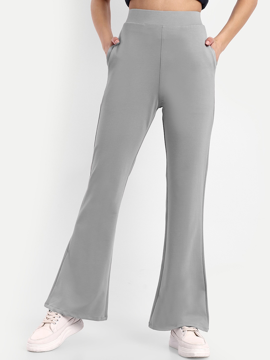 

BROADSTAR Women Smart Flared High-Rise Easy Wash Bootcut Trousers, Grey