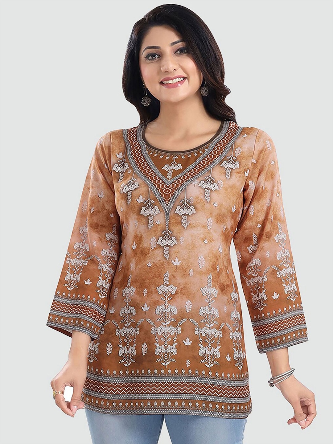 

keshubaba Ethnic Motifs Printed Tunic, Brown