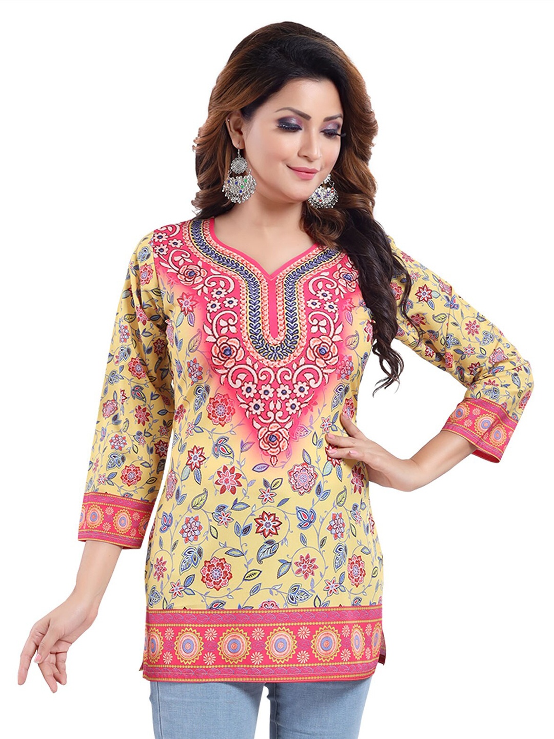 

keshubaba Floral Printed Sweetheart Neck Kurti, Yellow