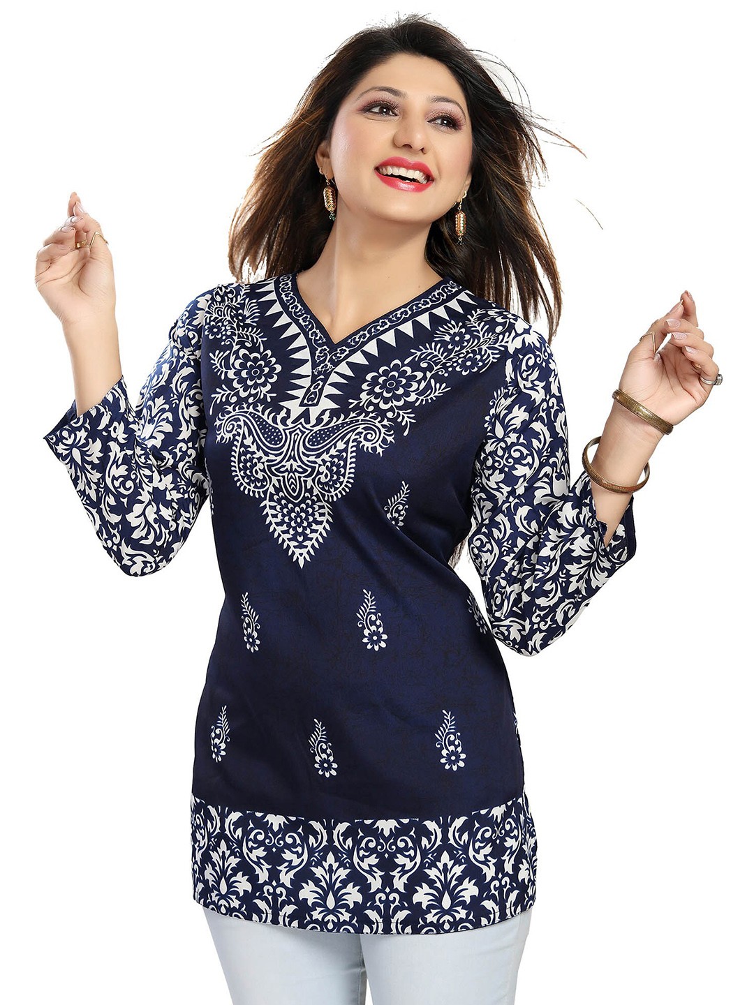 

keshubaba Ethnic Motifs Printed Straight Kurti, Navy blue