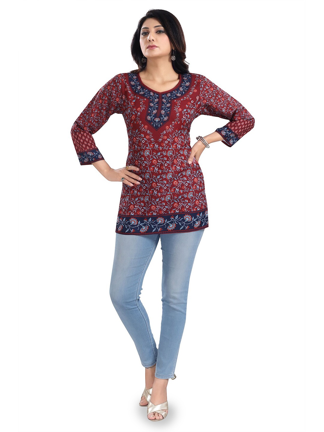 

keshubaba Floral Printed Straight Kurti, Maroon