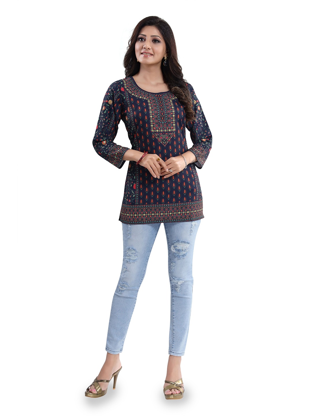 

keshubaba Ethnic Motifs Printed Kurti, Navy blue