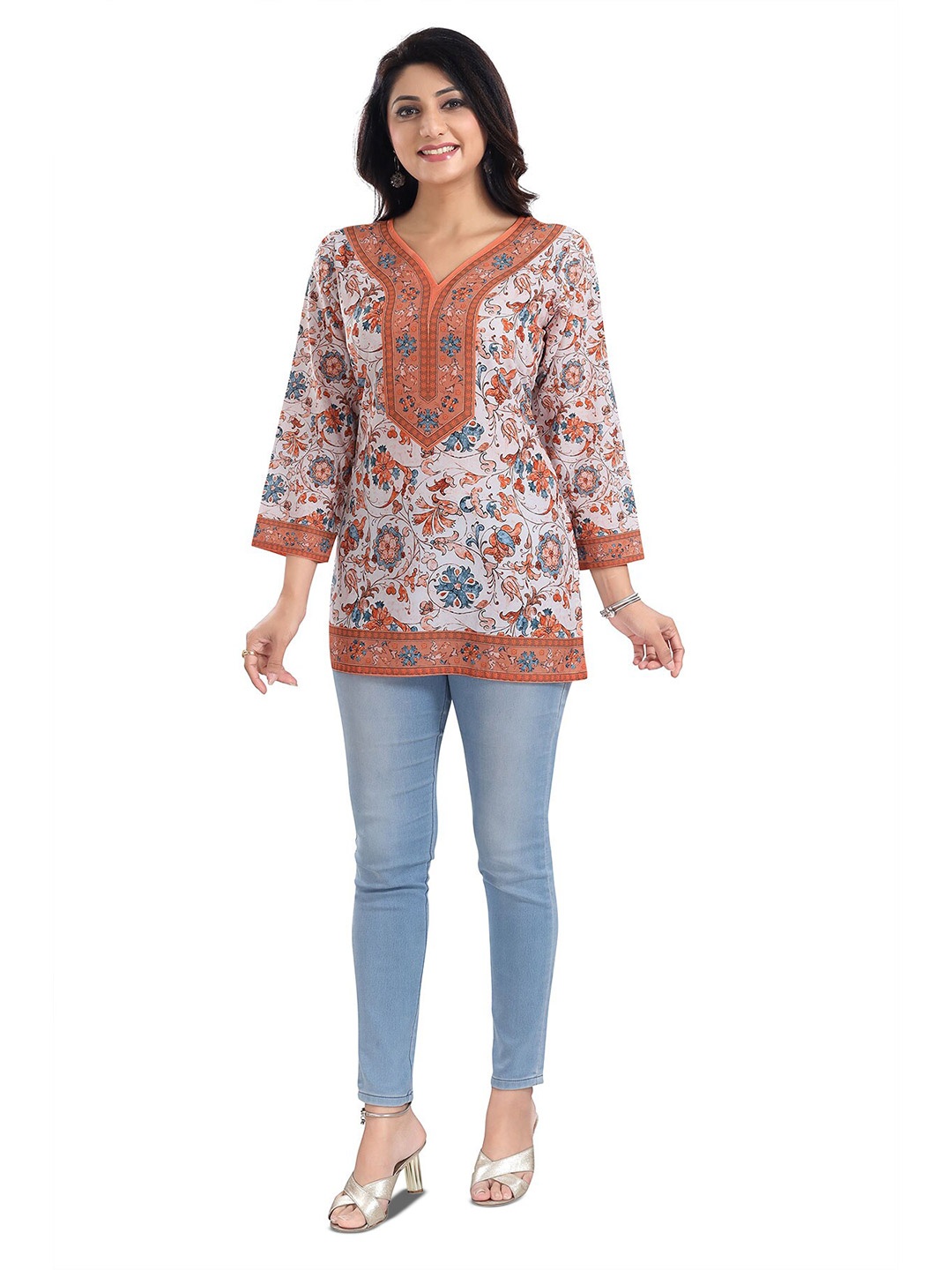

keshubaba Floral Printed Pure Crepe Kurti, White