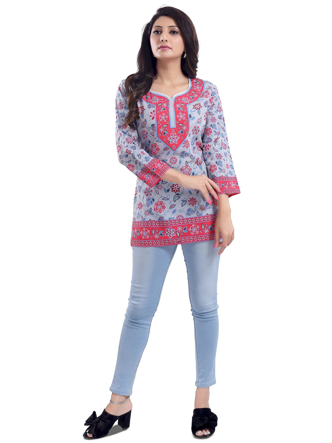 

keshubaba Ethnic Motifs Printed Straight Kurti, Grey