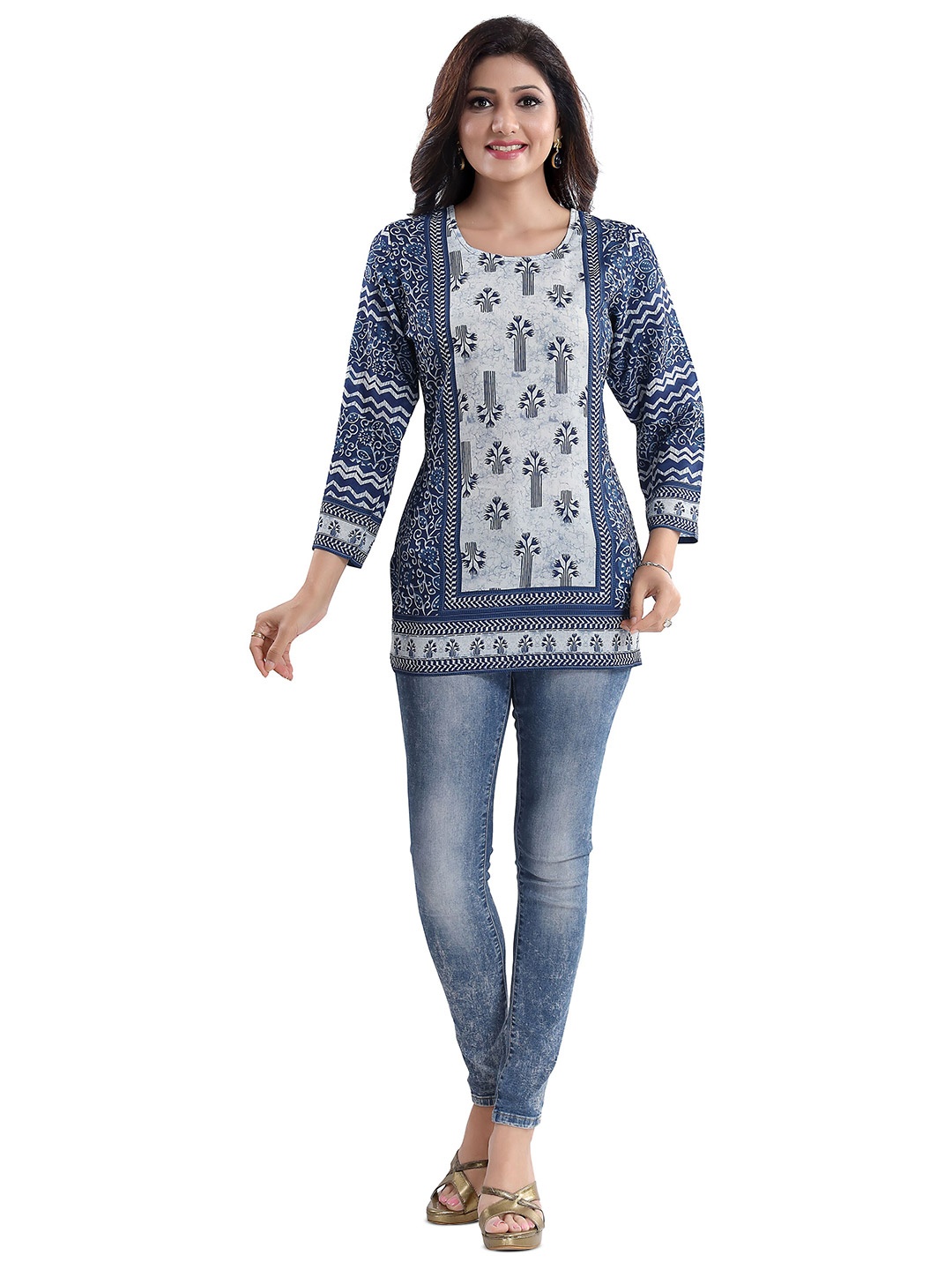 

keshubaba Ethnic Motifs Printed Straight Kurti, Navy blue