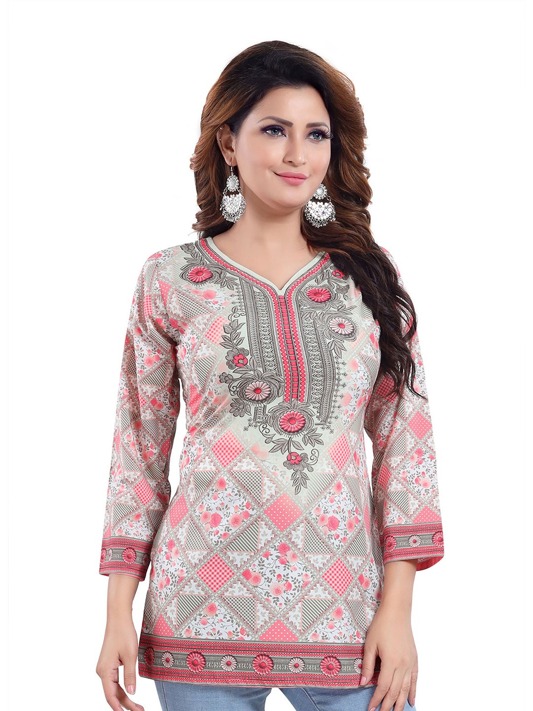 

keshubaba Floral Printed V-Neck Kurti, Pink