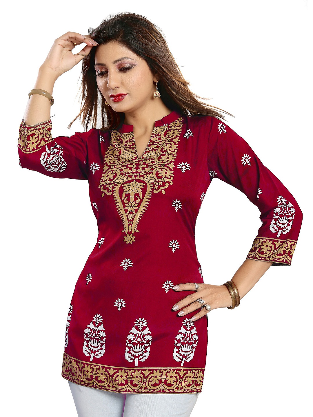 

keshubaba Floral Printed Pure Cotton Kurti, Maroon