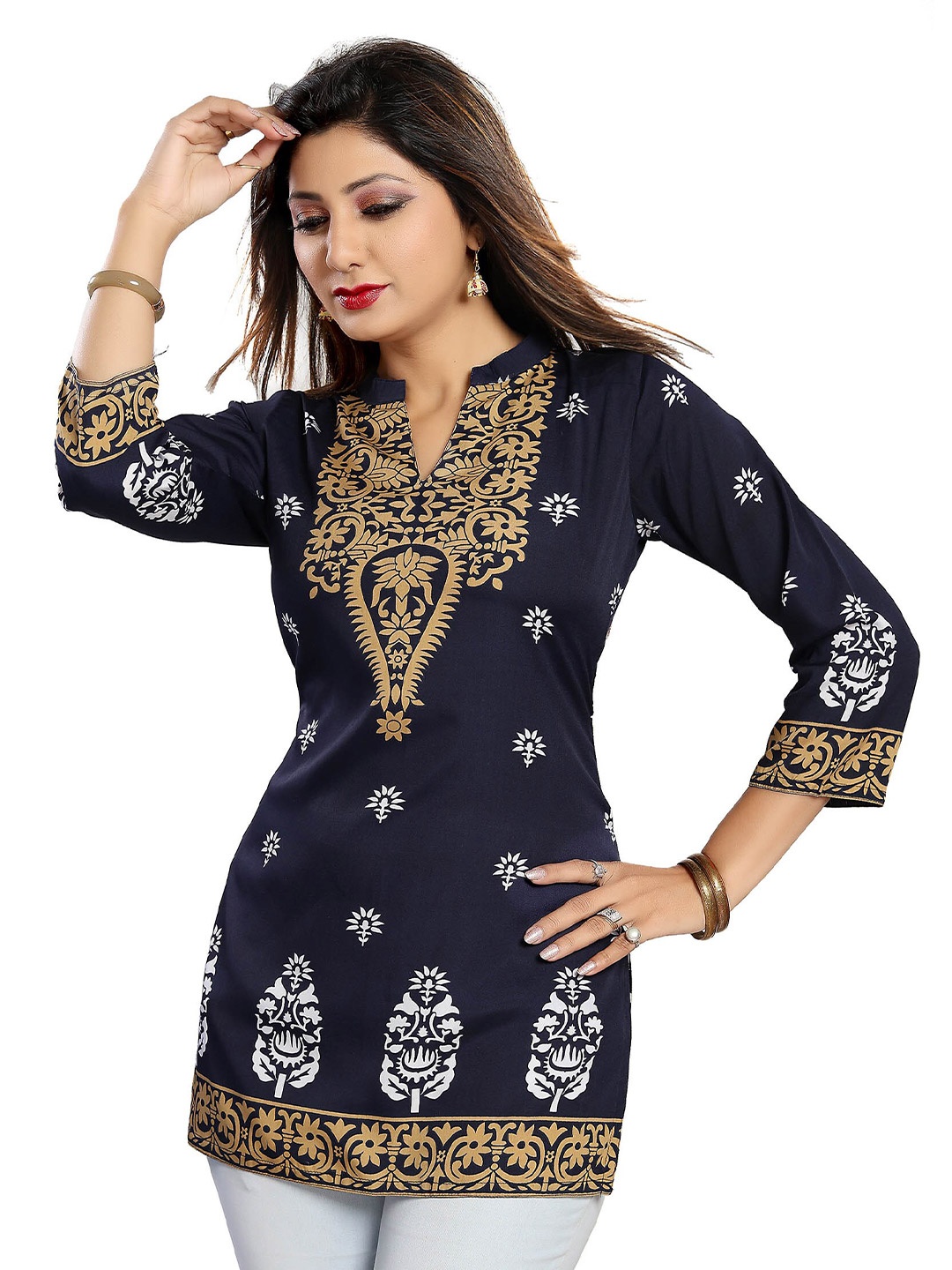 

keshubaba Floral Printed Pure Cotton Kurti, Navy blue