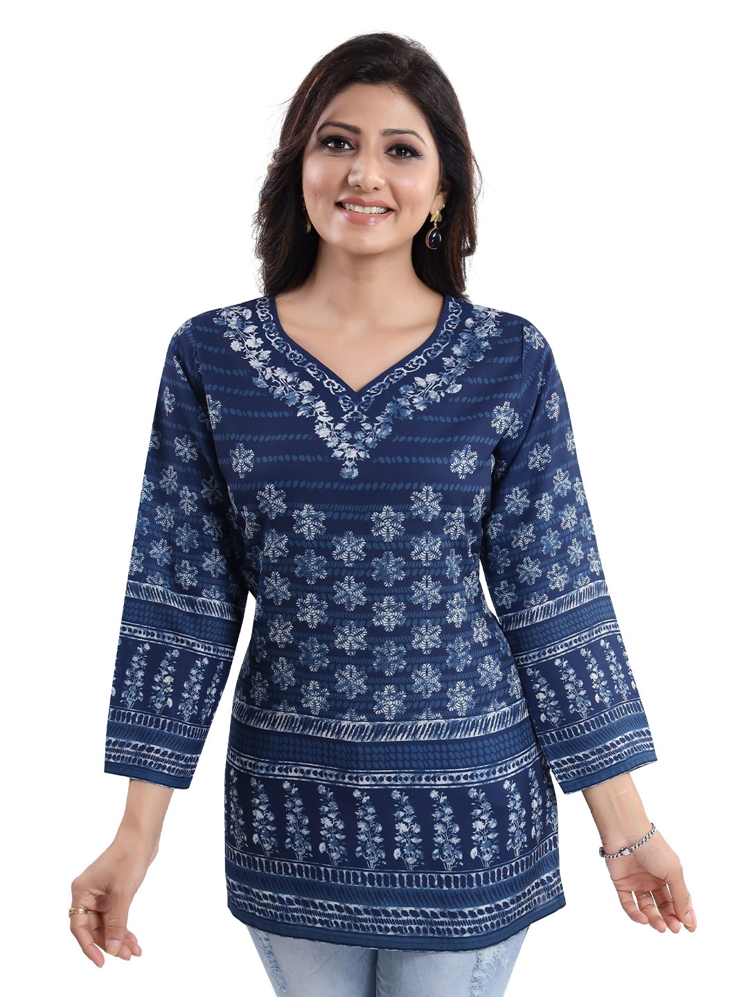 

keshubaba Floral Printed V-Neck Kurti, Navy blue