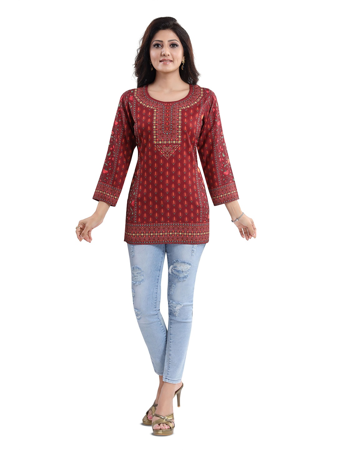 

keshubaba Ethnic Motifs Printed Pure Cotton Kurti, Maroon