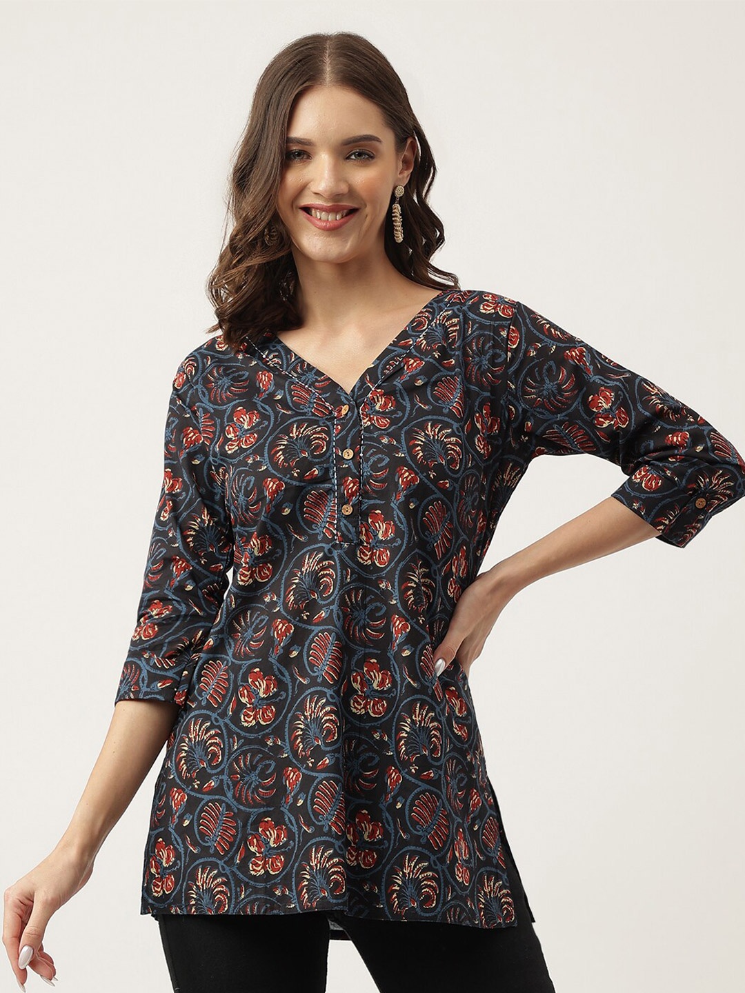 

Divena Floral Printed V-Neck Cotton Top, Navy blue