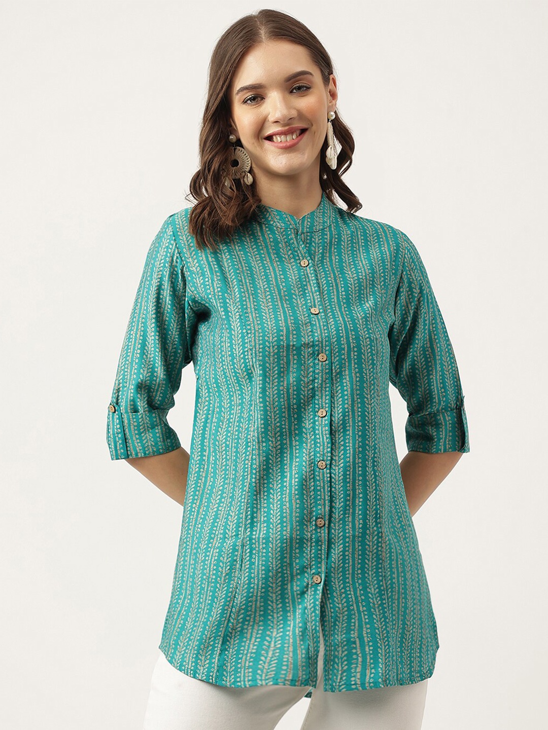 

Divena Vertical Striped Mandarin Collar Roll-Up Sleeves Shirt Style Top, Teal