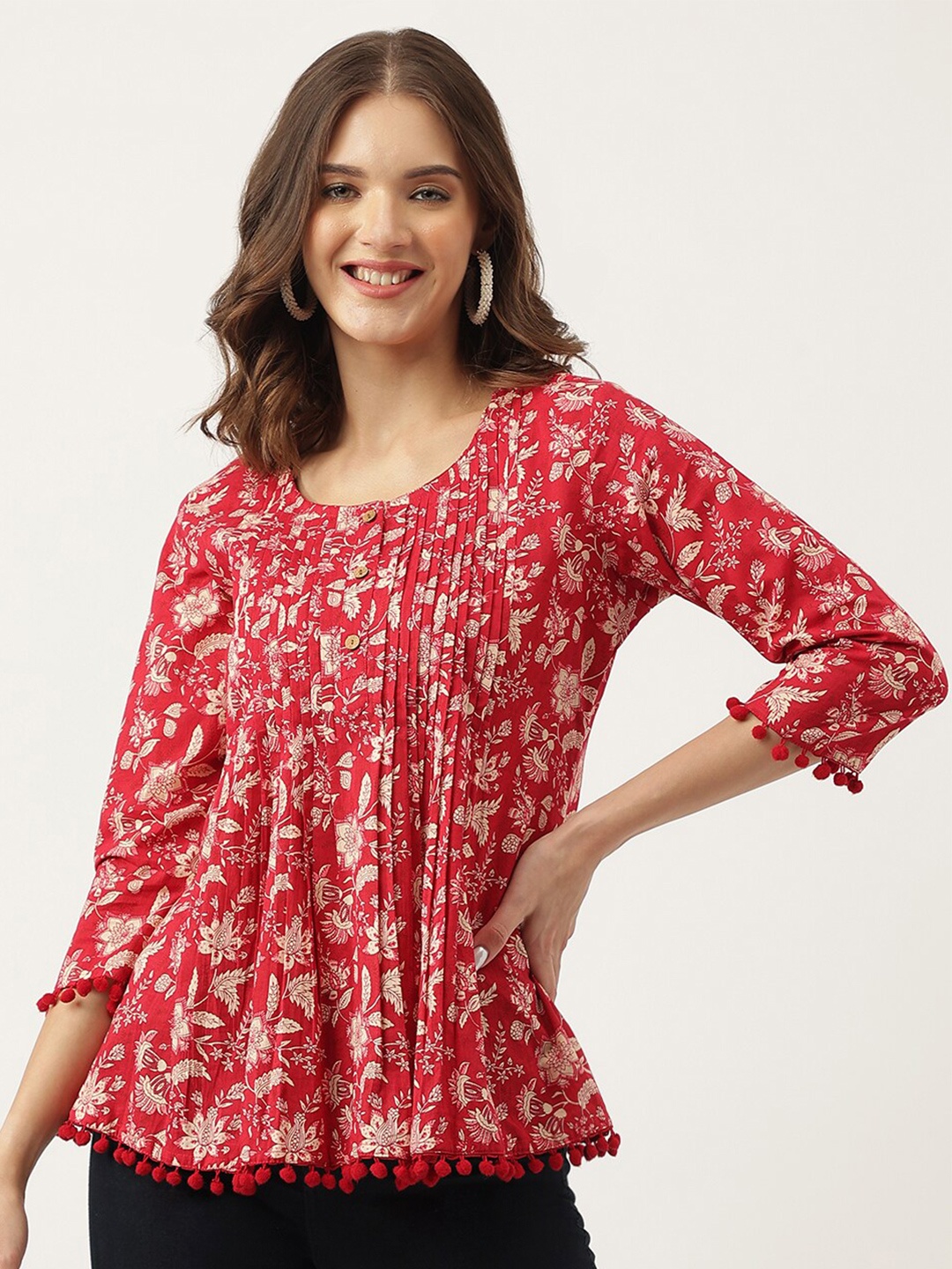 

Divena Floral Printed Cotton A-Line Top, Maroon