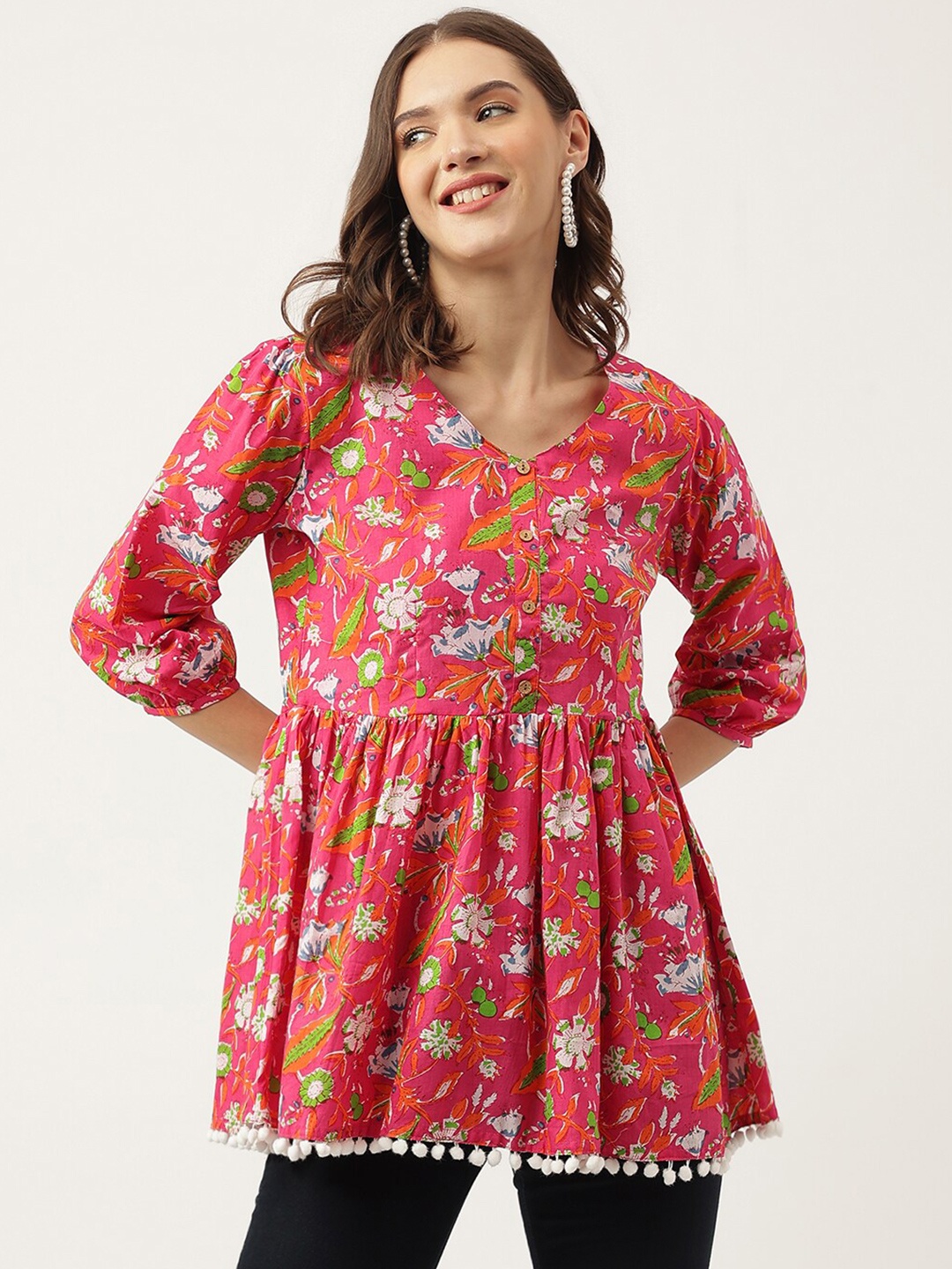 

Divena Floral Printed V-Neck Cotton Peplum Top, Pink