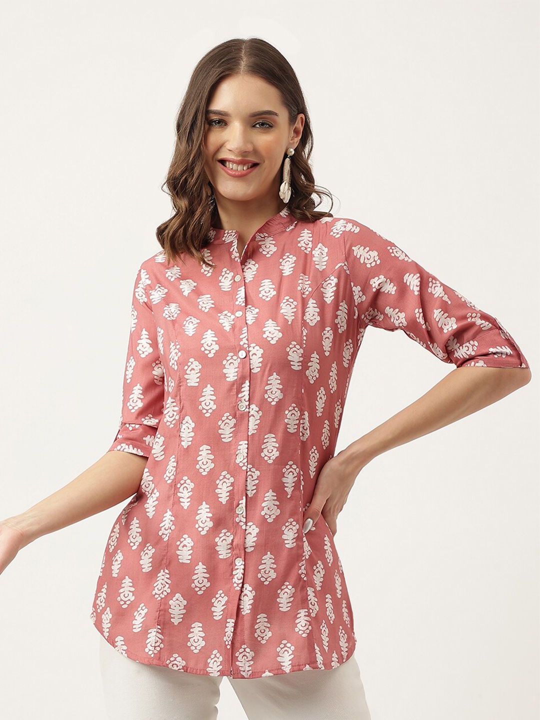 

Divena Ethnic Motifs Printed Mandarin Collar Roll-Up Sleeves Shirt Style Top, Peach
