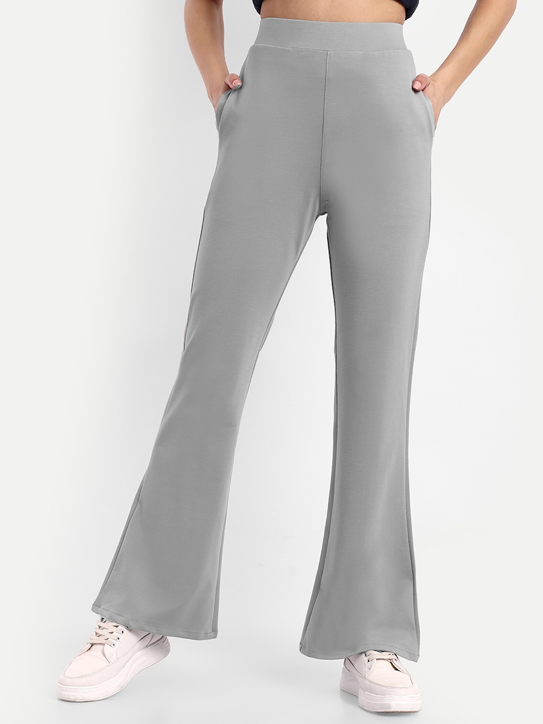 

Next One Women Grey Smart Flared High-Rise Easy Wash Bootcut Trousers
